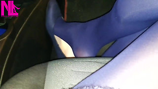 Dangling in Blue Pantyhose and Blue Flats on a Gas Station