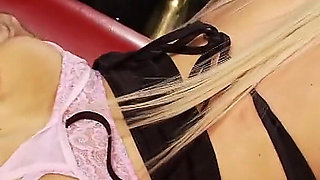 Blonde in stockings eats cum after a hard pounding