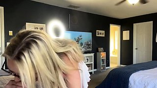 Blonde cumshot amateur MILF POV jerking in the kitchen