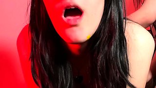 Sexy brunette lesbians in stockings strap on fucking