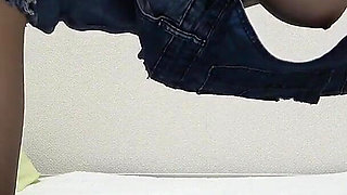 Natural Big Tits Spill Out From No Bra Denim Mini Skirt Overalls, Wedgie Micro Thong Panties,　japanese Girl's Erotic Exercise