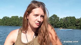 German amateur Alba gets off with vibrator on lakeshore - solo masturbation with shaved pussy