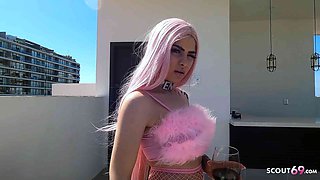Pink Hair Skinny Latina Teen Penny Unicorn seduce to Old Young Sex at Model Job