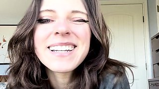 Busty curly brunette with big boobs fucks on couch