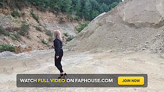 Grandma Is Walking Around a Gravel Pit in Tight Leggings and High Heels!