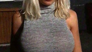 Non stop blonde with big boobs cock jerks off on the bed