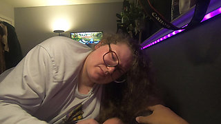 Innocent Chubby white nerd girl with glasses sucks cock and licks up the cum