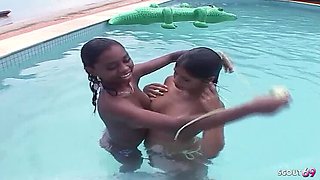 Latina Teen Lesbian Sex with Giant Toy in Pool - Bella Martinez Fucks Amateur Girl