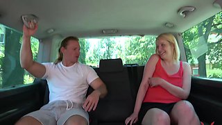 Tattooed blonde babe gets naughty in a mini skirt, pounding her shaven pussy from behind