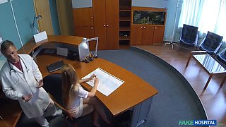 Faux hospital - therapist screws lonely nurse on desk risky creampie quickie