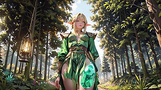 Blonde Elf Fantasy Sensual All-fours in a White Bedroom, Teasing with Her Mouth Full and Eyes Wide Open.