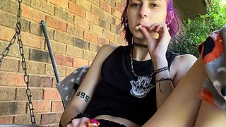 Brunette enjoys the toy on gaping pussy while masturbating