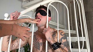 German Nia X Noah Bondage: Hes Cuffed to the Stairs While She Pounds His Ass and Slaps Him