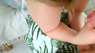 Chubby wife having sex with her husband while doing chores and cum on her breasts