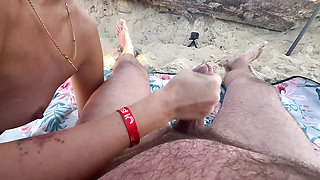 I jerk off my stepbrother on the beach until he cums. I swallow it all!