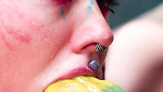 Femdom Catplay Dominatrix Playing with Tattooed Cosplayer with Butt Plug