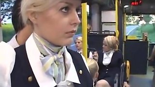 Flight Attendant makes handjobs on a bus