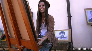 Lustful amateur student draws big cocks during outdoor art exhibition