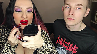 Juicy Sticky Loud Aggressive Kisses All Over a Guy's Face with Red Lipstick