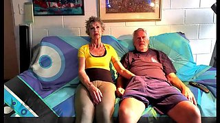 Amateur British MILF Gives Blowjob on Couch While Watching TV - Handjob & Cocksucking with Old Guy