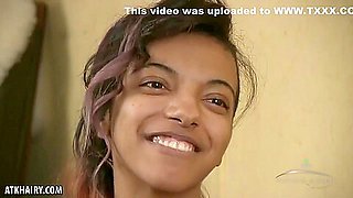 Innocent ebony teen 18+ Yvette is taking her dress off and showing her hairy pussy and ass