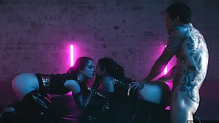 Small Hands and Joanna Angel share a steamy, latex-wearing threesome with Evelyn Claire.