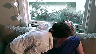 Horny MILF gets a dildo shoved in her pussy by female lover