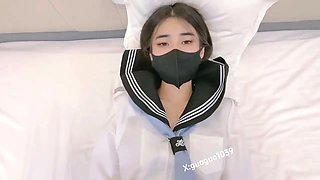 The white tender and beautiful breasts schoolgirl is in uniform, and after the vibrator flirting, she is fucked out of the white pulp