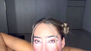 Skinny Blonde With Space Buns Smoking While Deepthroating