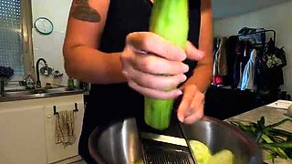Hot French MILF Kahann masturbates with cucumber in kitchen close-up amateur video