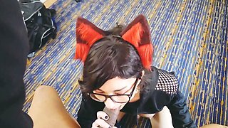 Small tit brunette gives a nice hard blowjob and fuck