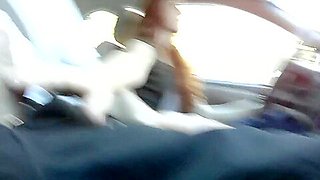 Risky Public Handjob and Cum in Redhead&#039;s Mouth in Car