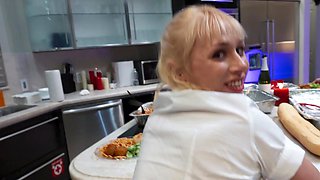Insatiable blonde bitch Hannah Quinn gets banged in the kitchen