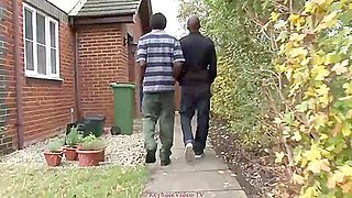 Two handsome, black guys are fucking a horny British granny, in the middle of the day