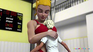 Giantess gym coach drags down shorts & makes stud explode in front of class