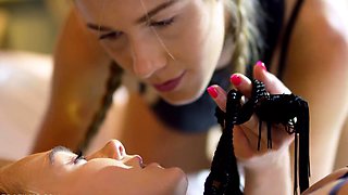 Hot and wild lesbian femdom session with lustful teens