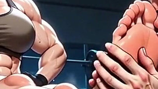 Old Woman Humiliated by Muscular Woman Foot Worship in Gym