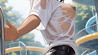 Japanese MILF Stepmom Shakes Huge Tits in Wet Panties at Pool