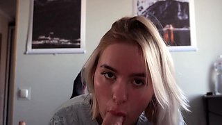 Babe gives slobbering deepthroat blowjob and takes on belly