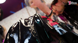 Latex Dominatrix Trio Sound & Finger the Tattooed Slave's Cock