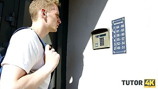 Tutor4k. fellow makes figure of teacher in stockings shake