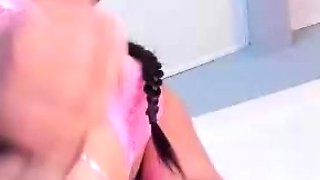 Chubby big tits shemale jerking her big cock