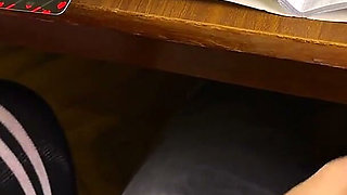 High Schoolgirl Stroking Him off in Math Class Under the Table. at College