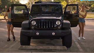 Sexy women get naughty with deep kissing and focused pussy eating in the car