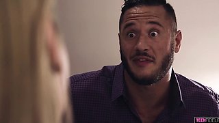 Skinny blonde Hannah calls over a big cock dude and gets her pussy pounded good