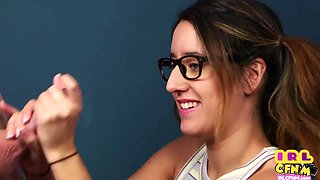 CFNM amateur sex chick with glasses sucks and tugging coc