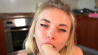 Peeing blonde fetish babe uses toy in her tight pussy
