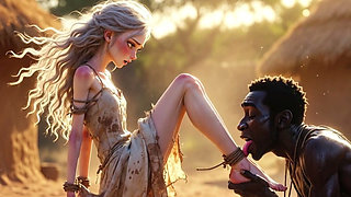 White Woman in Bondage - African Man Passionate Foot Licking