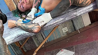 Naughty Tattoo Shop Session - Reverse Cowgirl Dildo Anal While Getting Inked