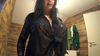 Bathroom Toilet Fetish. Lace Robe Dirty Talk and Shiny Dress Pee Close up